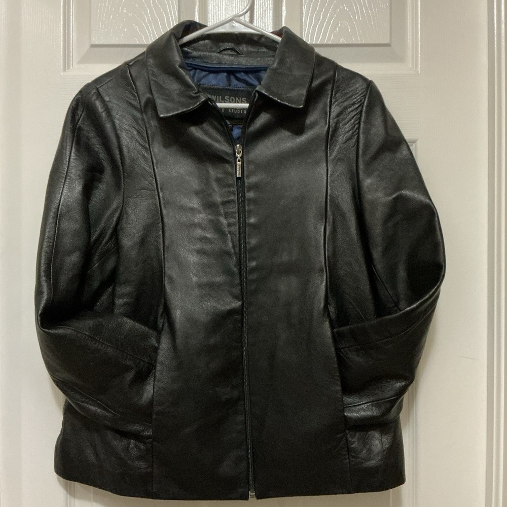 WILSONS LEATHER Pelle Studio Black Leather Full Zip Pocket Womens Jacket XL‎ 90s